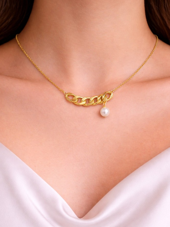 GOLDEN LINK PEARL DROP NECKLACE