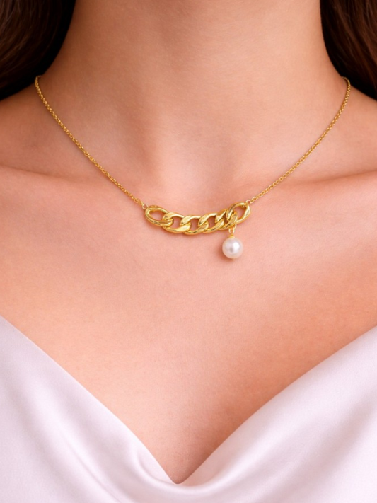 GOLDEN LINK PEARL DROP NECKLACE